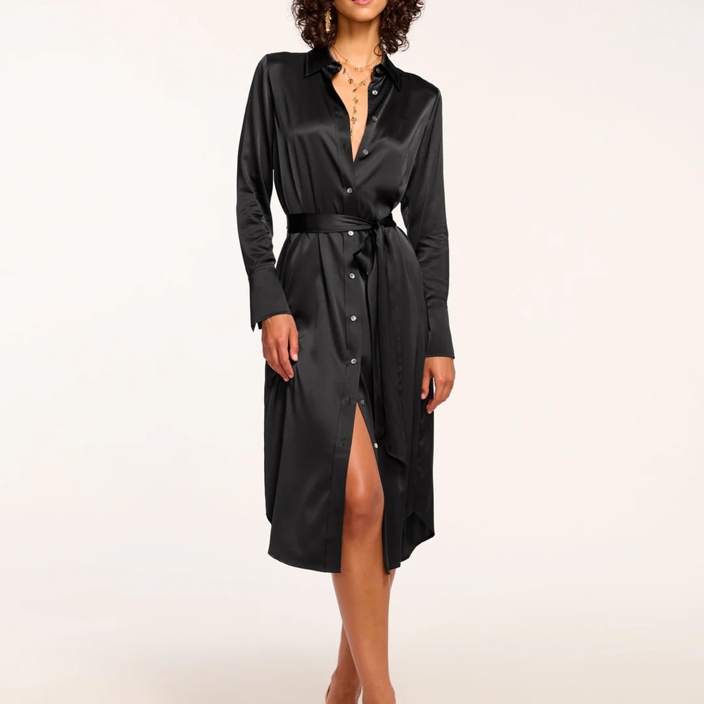 Ramy Brook Victoria Silk Black Button Down Midi Dress Size L
